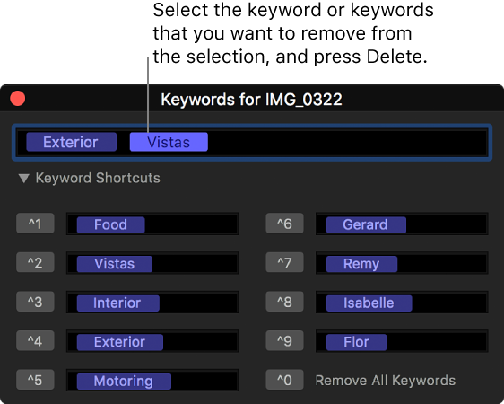关键词编辑器，显示选中要删除的关键词