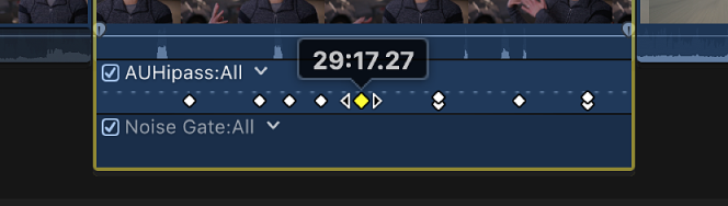 在音频动画编辑器中拖移的关键帧，其中时间码值显示在关键帧的上方