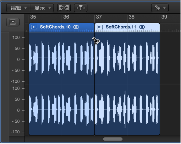 图。 使用剪刀工具在音轨编辑器中拆分音频片段。
