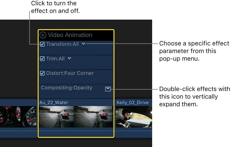 视频动画编辑器显示在时间线中片段的上方
