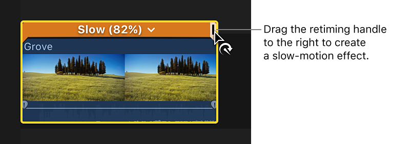 时间线中片段上方的重新定时编辑器，通过向右拖移重新定时控制柄来创建慢动作，所选部分上方的彩条显示为橙色