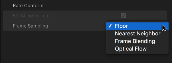 视频检查器的“速率符合”部分中的“帧采样”弹出式菜单