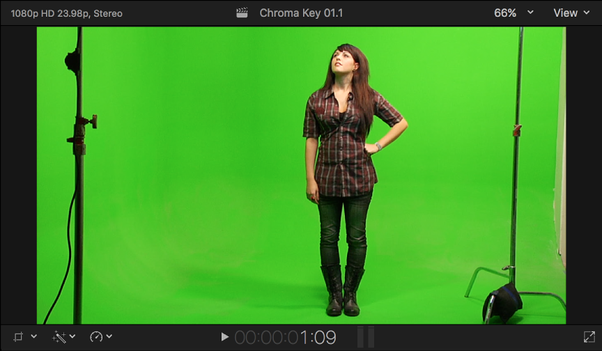 显示一个女人站在绿色背景前面的色度抠像前景视频的检视器
