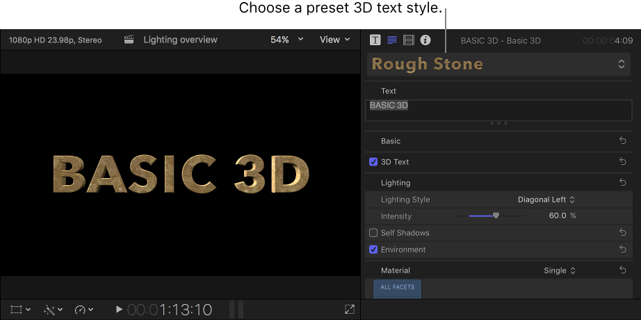 检视器中的 3D 字幕，采用“文本”检查器中显示的“粗糙石头”预置文本样式和字幕设置