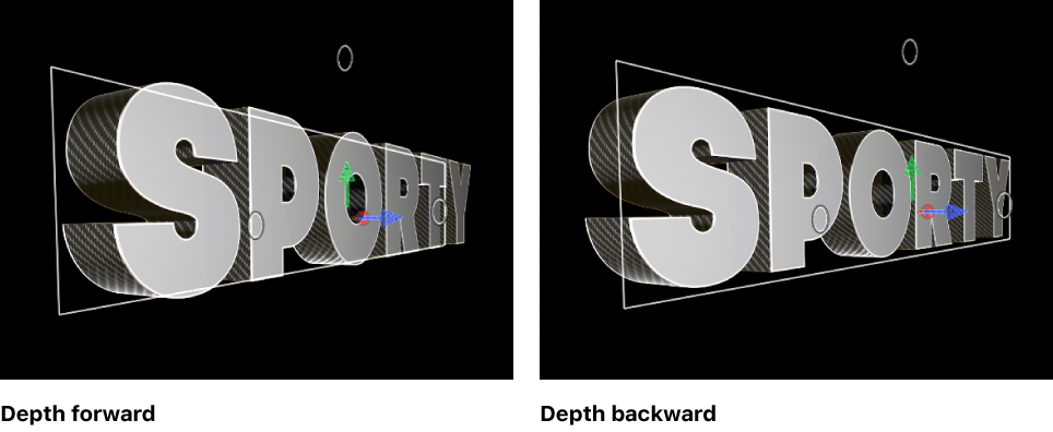 检视器中显示设定为“向前”和“向后”的“深度方向”的 3D 字幕