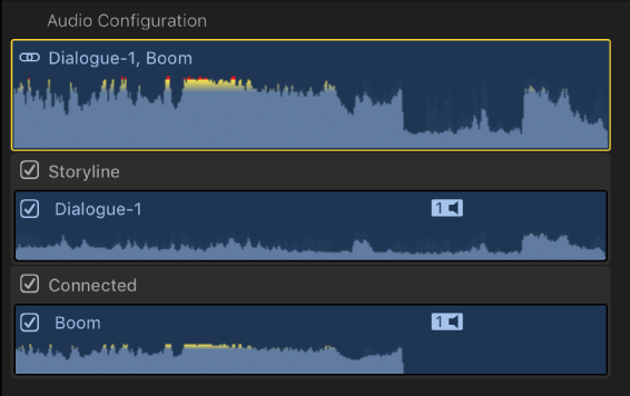 “音频”检查器的“音频配置”部分，显示两个表示已同步片段内容的角色组件