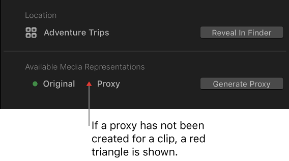 “信息”检查器，红色三角形表示所选片段没有代理文件
