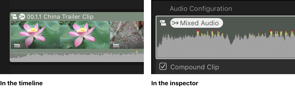 时间线和音频检查器中相同的片段，显示了“混合音频”图标