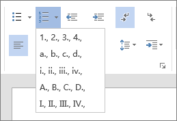 “开始”选项卡的“段落组”中的“编号”选项的屏幕截图，其中包括有序排列的数字和字母。