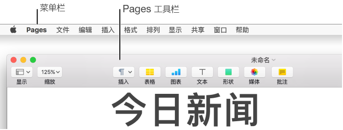 左上角具有苹果菜单和 Pages 菜单的菜单栏，其下方的左上角具有“显示”和“缩放”相关按钮的 Pages 工具栏