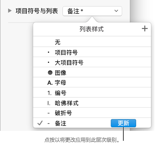 新样式的名称旁边具有“更新”按钮的“列表样式”菜单