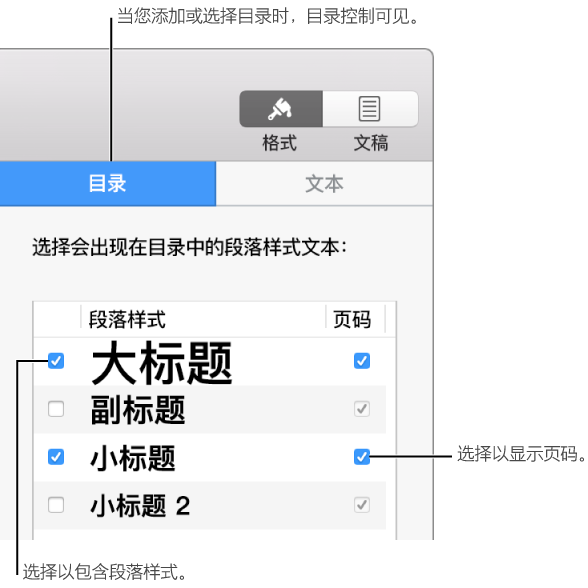 “格式”边栏的“目录”面板